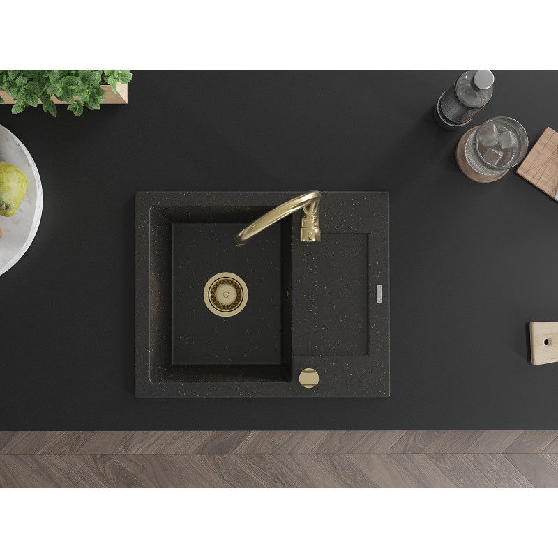 Mexen Enzo lava-loiça de granito com 1 cuba e escorredor 576 x 465 mm, preto/dourado metálico, sifão dourado