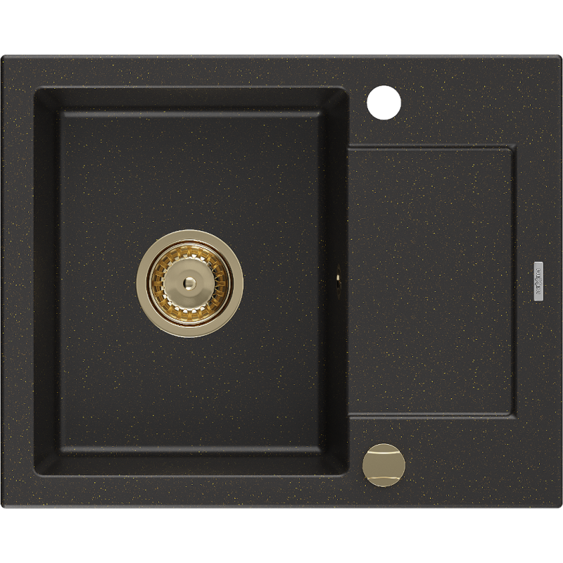 Mexen Enzo évier de cuisine en granit à 1 bac avec égouttoir 576 x 465 mm, noir/métallisé or, siphon doré - 6506571005-75-G