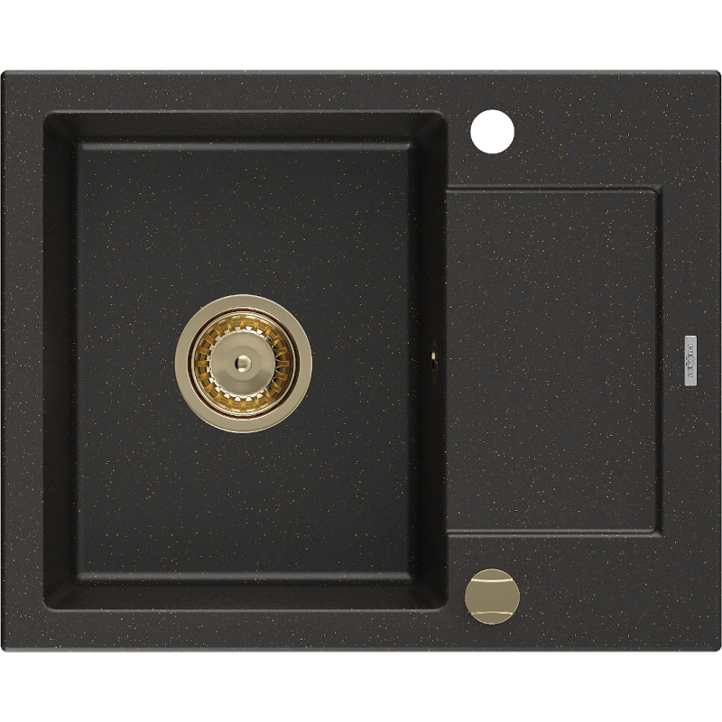 Mexen Enzo fregadero de granito de 1 cubeta con escurridor 576 x 465 mm, negro/oro metálico, sifón dorado - 6506571005-75-G