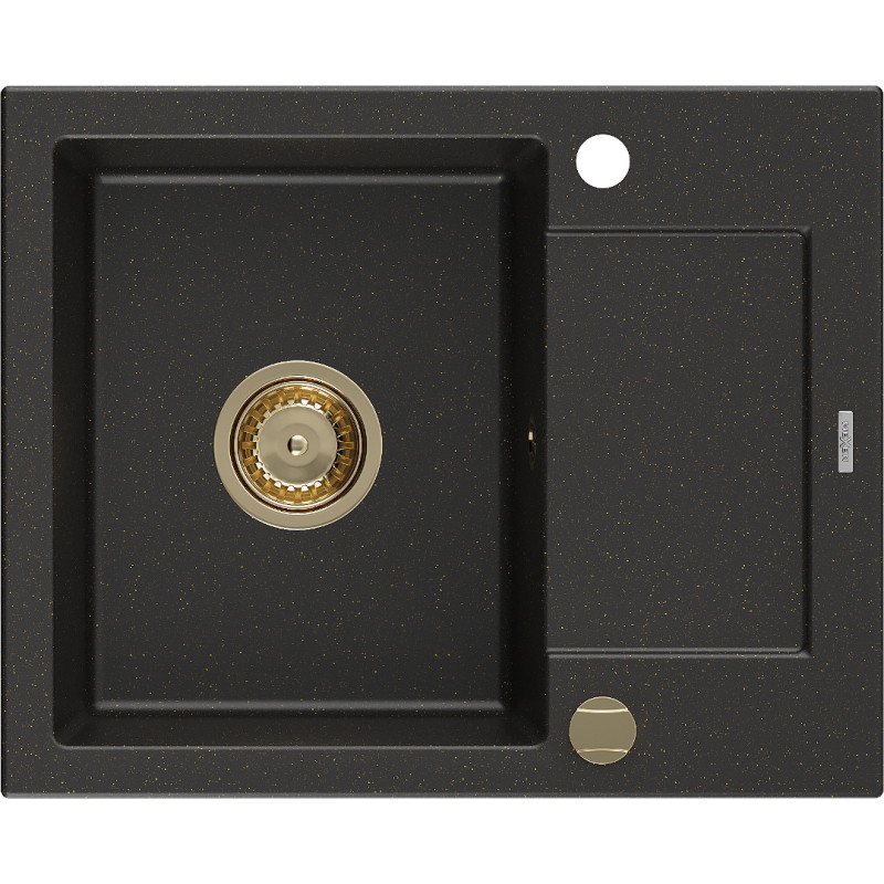 Mexen Enzo granitische gootsteen 1-kompartment met druiprek 576 x 465 mm, zwart/gouden metallic, gouden sifon - 6506571005-75-G