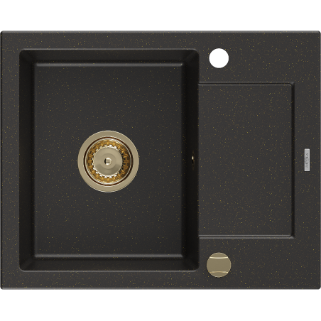 Mexen Enzo Granitspüle 1-beckig mit Abtropffläche 576 x 465 mm, schwarz/gold metallic, goldener Siphon - 6506571005-75-G