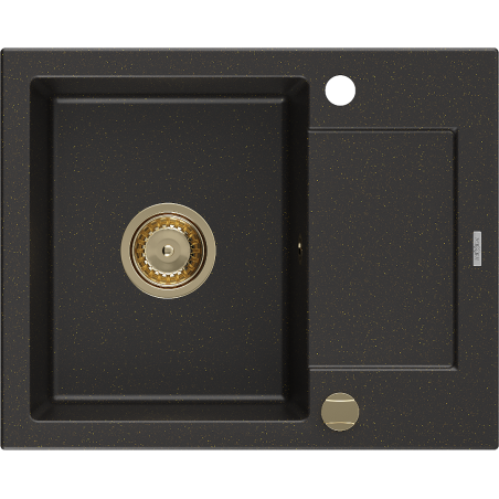 Mexen Enzo zlewozmywak granitowy 1-komorowy z ociekaczem 576 x 465 mm, czarny/złoty metalik, syfon złoty - 6506571005-75-G