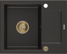 Mexen Enzo granite kitchen sink 1-bowl with drainer 576 x 465 mm, black/golden metallic, golden siphon - 6506571005-75-G