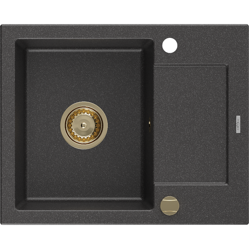Mexen Enzo évier en granit à 1 bac avec égouttoir 576 x 465 mm, noir moucheté, siphon doré - 6506571005-76-G