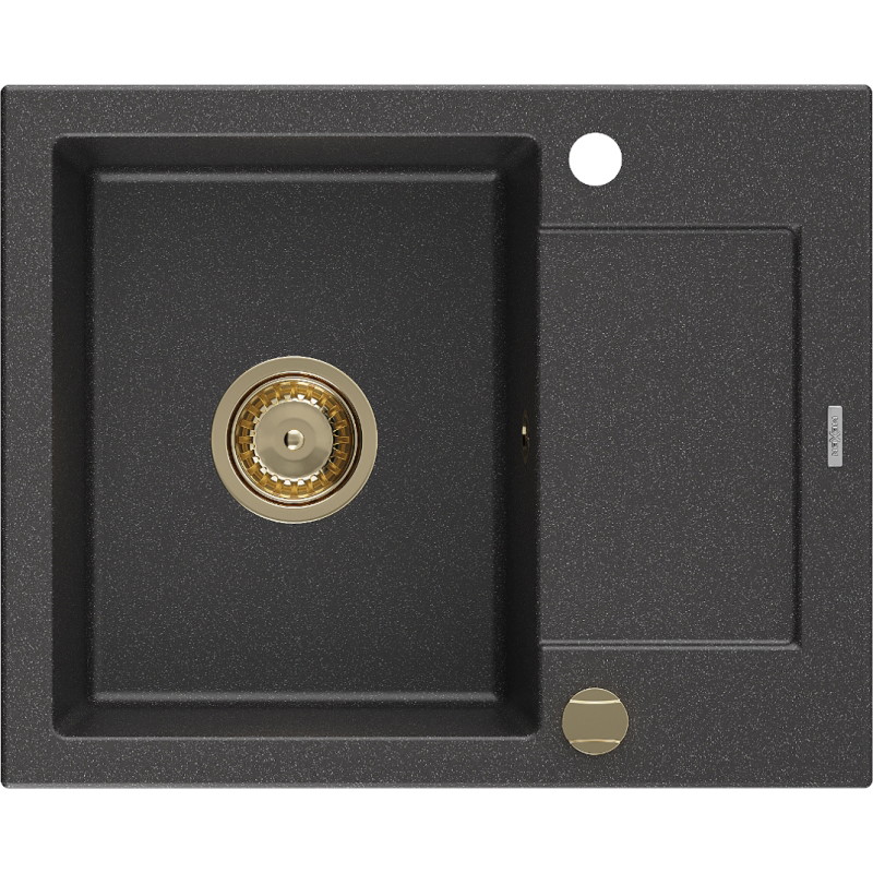 Mexen Enzo fregadero de granito de 1 seno con escurridor 576 x 465 mm, negro moteado, sifón dorado - 6506571005-76-G