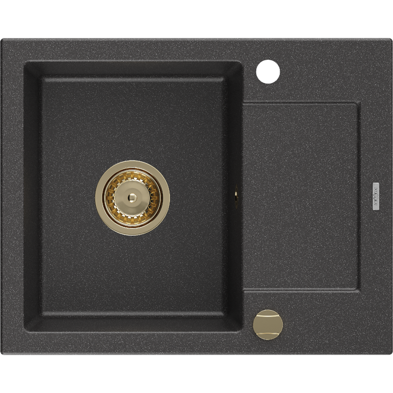 Mexen Enzo lava-loiça de granito 1 cuba com escorredor 576 x 465 mm, preto salpicado, sifão dourado - 6506571005-76-G