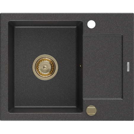 Mexen Enzo granieten spoelbak met 1 compartiment en afdruiprek 576 x 465 mm, zwart gespikkeld, gouden sifon - 6506571005-76-G
