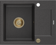 Mexen Enzo Granitspüle 1-Becken mit Abtropffläche 576 x 465 mm, schwarz gesprenkelt, goldener Siphon - 6506571005-76-G