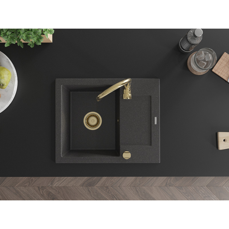 Mexen Enzo granitspüle 1-beckig mit Abtropffläche 576 x 465 mm, schwarz gesprenkelt, Siphon goldfarben - 6506571005-76-G