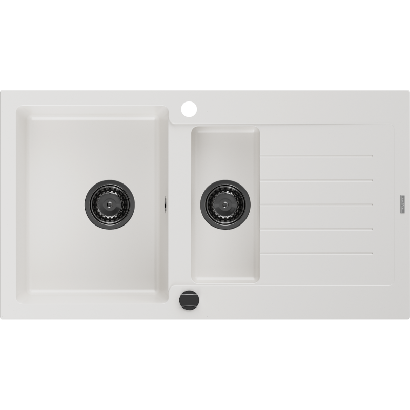 Mexen Matias granitdiskho 1,5-fack med avrinningsyta 900 x 505 mm, vit, svart vattenlås - 6502901505-20-B