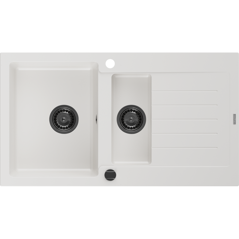 Mexen Matias lava-louça de granito com 1,5 cubas e escorredor 900 x 505 mm, branco, sifão preto - 6502901505-20-B