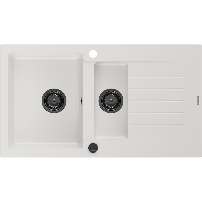 Mexen Matias lavello in granito 1,5 vasche con sgocciolatoio 900 x 505 mm, bianco, sifone nero - 6502901505-20-B