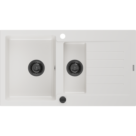 Mexen Matias lavello in granito 1,5 vasche con sgocciolatoio 900 x 505 mm, bianco, sifone nero - 6502901505-20-B