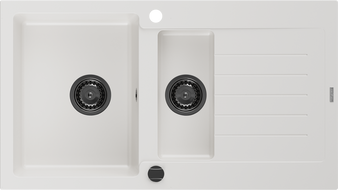 Mexen Matias lavello in granito 1,5 vasche con sgocciolatoio 900 x 505 mm, bianco, sifone nero - 6502901505-20-B