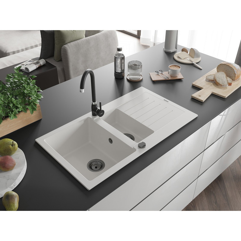 Mexen Matias granieten gootsteen 1,5-komoren met afdruiprek 900 x 505 mm, wit, zwarte sifon - 6502901505-20-B