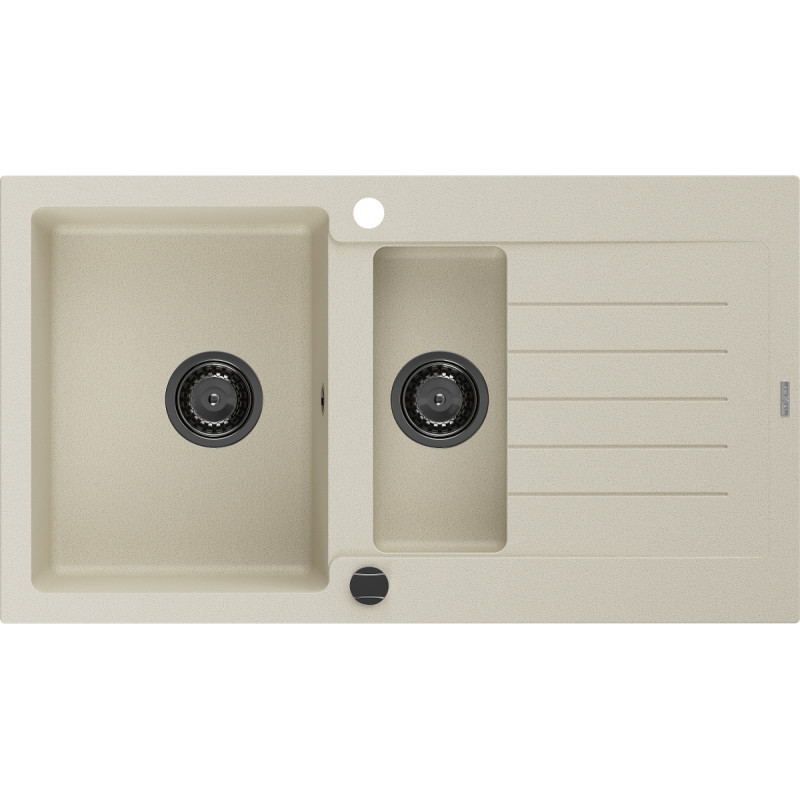Mexen Matias 1,5-Kammer-GranitsSpüle mit Abtropfbrett 900 x 505 mm, beige, schwarzer Siphon - 6502901505-69-B