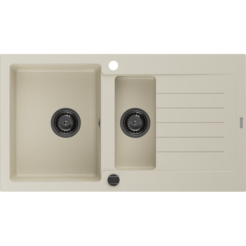 Mexen Matias Granitspüle 1,5-Becken mit Abtropffläche 900 x 505 mm, beige, schwarzer Siphon - 6502901505-69-B