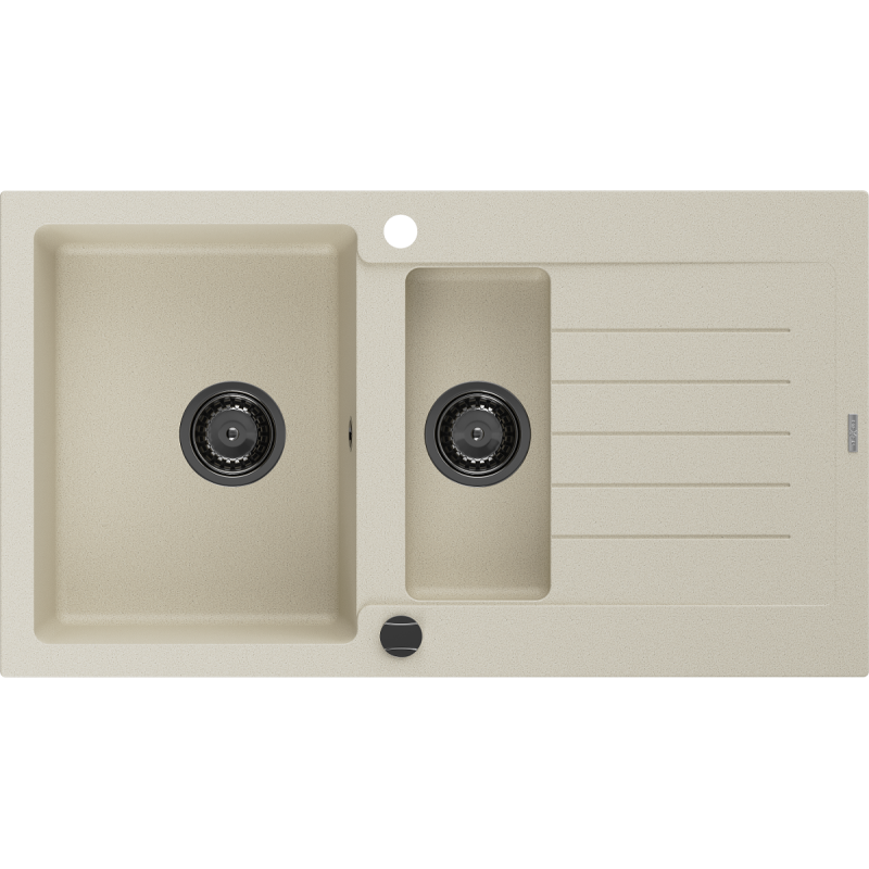 Mexen Matias lavello in granito 1,5 vasche con gocciolatoio 900 x 505 mm, beige, sifone nero - 6502901505-69-B