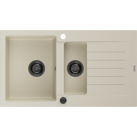 Mexen Matias granitische gootsteen 1,5-komoren met afdruiprek 900 x 505 mm, beige, zwarte sifon - 6502901505-69-B