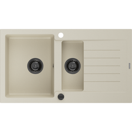 Mexen Matias Granitspüle 1,5-Becken mit Abtropffläche 900 x 505 mm, beige, schwarzer Siphon - 6502901505-69-B