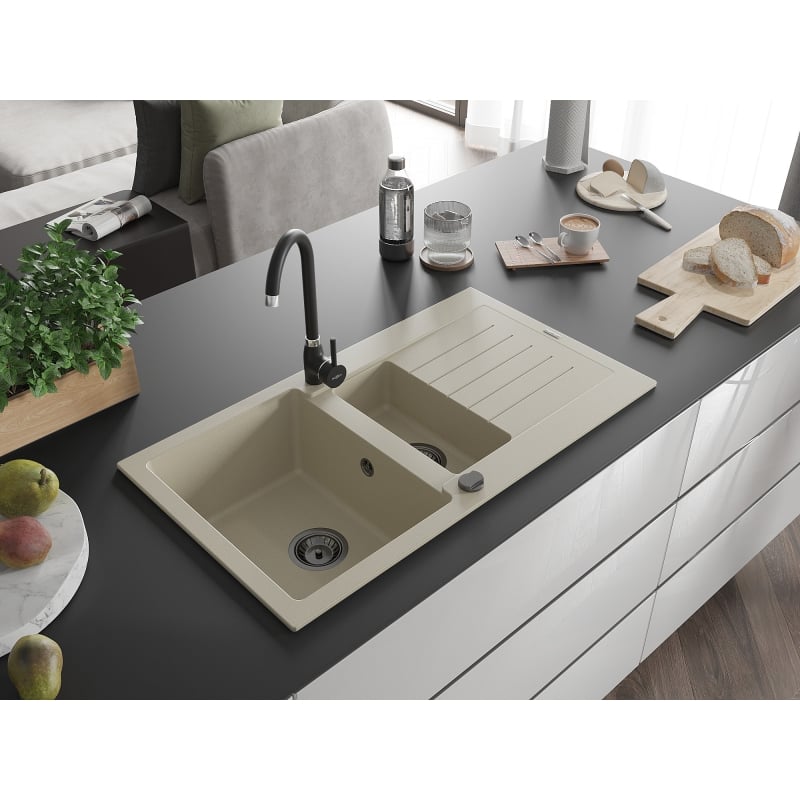 Mexen Matias granit sink 1.5-bowl with drainer 900 x 505 mm, beige, black siphon - 6502901505-69-B