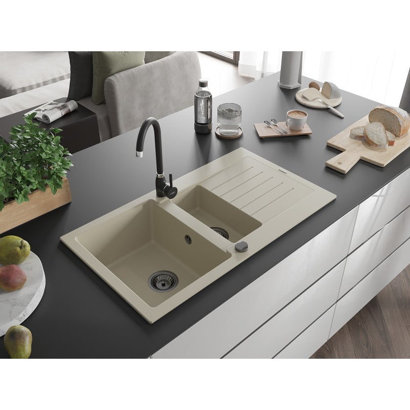 Mexen Matias Granitspüle 1,5-Becken mit Abtropffläche 900 x 505 mm, beige, schwarzer Siphon - 6502901505-69-B