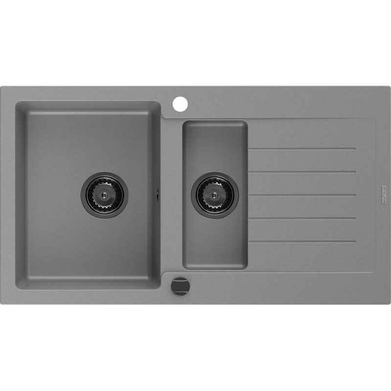 Mexen Matias 1,5-komorige granieten spoelbak met afdruiprek, 900 x 505 mm, grijs, zwarte sifon - 6502901505-71-B