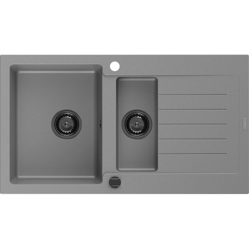 Mexen Matias granieten spoelbak 1,5-komoren met afdruiprek 900 x 505 mm, grijs, zwarte sifon - 6502901505-71-B
