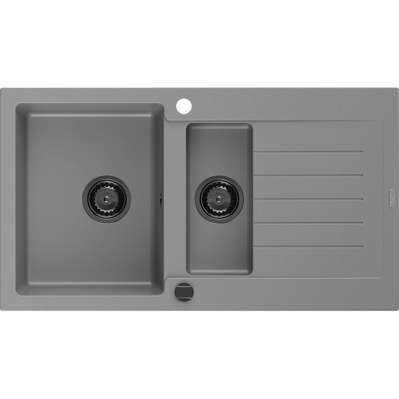 Mexen Matias lavello in granito 1,5 vasche con gocciolatoio 900 x 505 mm, grigio, sifone nero - 6502901505-71-B