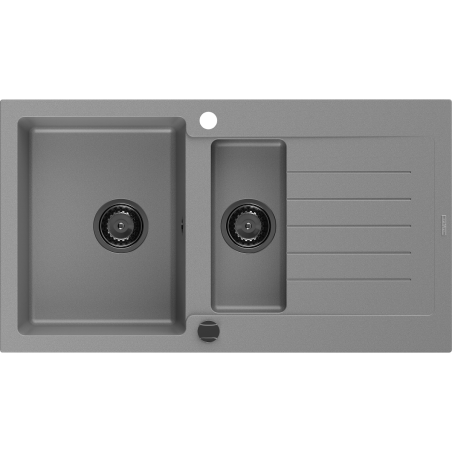 Mexen Matias 1,5-Kammer-Granitzwischenbecken mit Tropfbereich 900 x 505 mm, grau, schwarzer Siphon - 6502901505-71-B