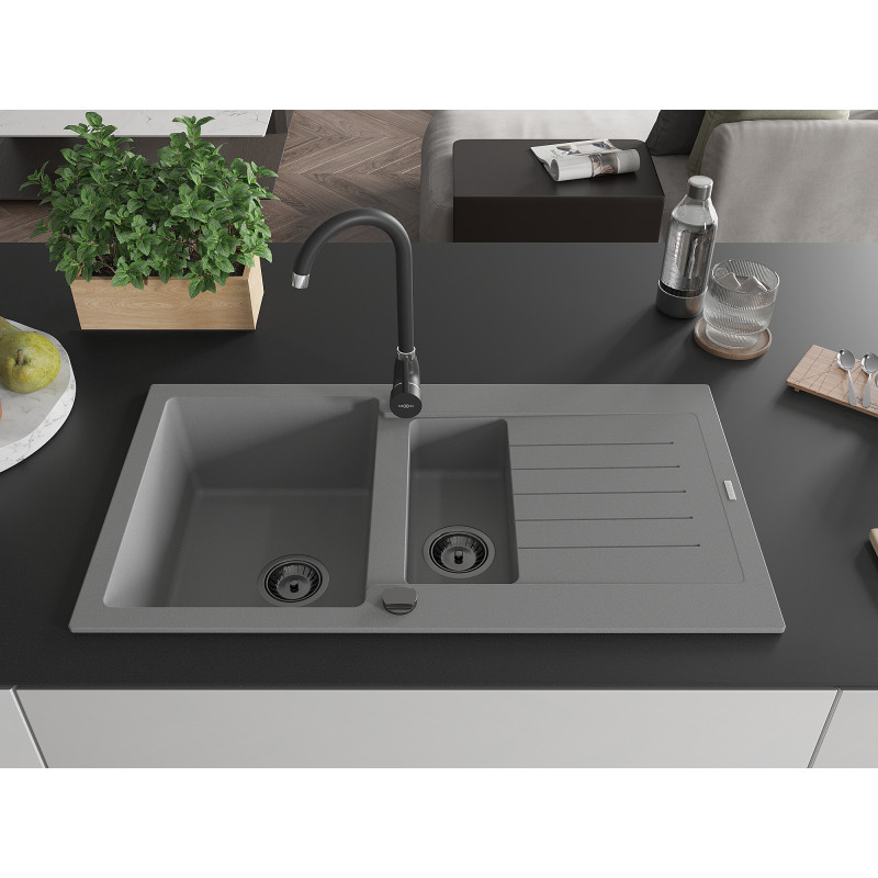 Mexen Matias 1,5-komorige granieten spoelbak met afdruiprek, 900 x 505 mm, grijs, zwarte sifon - 6502901505-71-B