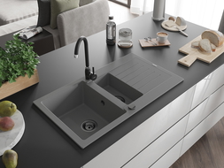 Mexen Matias granieten spoelbak 1,5-komers met druiprek 900 x 505 mm, grijs, zwarte sifon - 6502901505-71-B