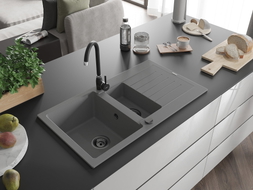 Mexen Matias granitni sudoper s ocjednom 1,5-komoran 900 x 505 mm, sivi, crni sifon - 6502901505-71-B