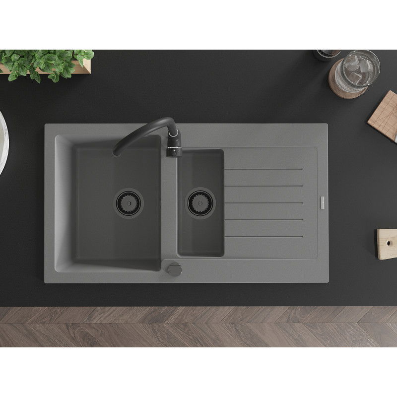 Mexen Matias évier en granit 1,5 bac avec égouttoir 900 x 505 mm, gris, siphon noir - 6502901505-71-B