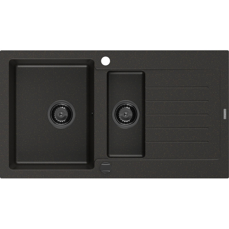 Mexen Matias évier en granit 1,5 bac avec égouttoir 900 x 505 mm, noir/or métallisé, siphon noir - 6502901505-75-B