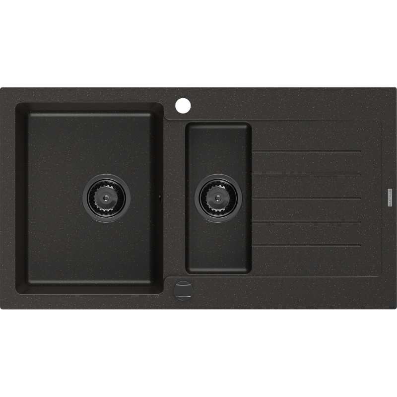 Mexen Matias lava-loiça de granito 1,5-cubas com escorredor 900 x 505 mm, preto/dourado metálico, sifão preto