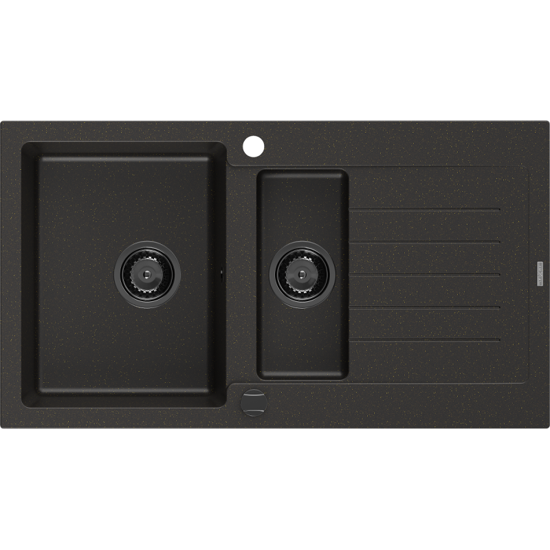 Mexen Matias lavello in granito 1,5 vasca con gocciolatoio 900 x 505 mm, nero/oro metallizzato, sifone nero - 6502901505-75-B