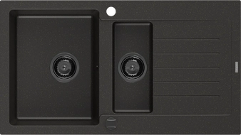 Mexen Matias évier en granit 1,5 bac avec égouttoir 900 x 505 mm, noir/doré métallique, siphon noir - 6502901505-75-B