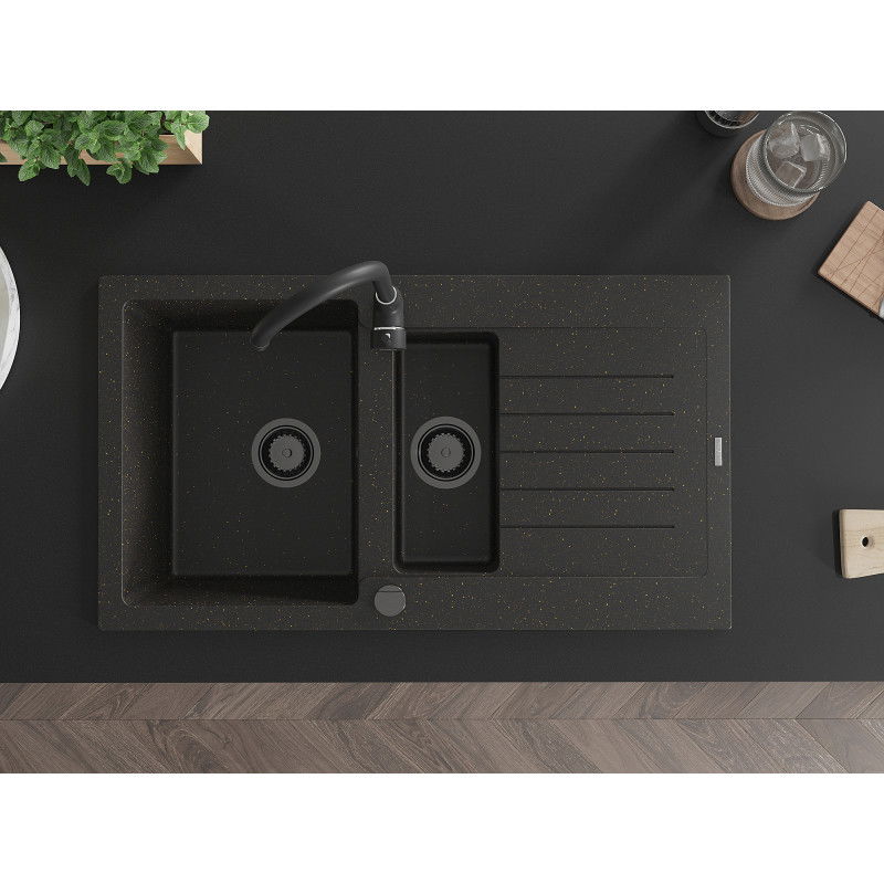 Mexen Matias lavello in granito 1,5 vasca con gocciolatoio 900 x 505 mm, nero/oro metallizzato, sifone nero - 6502901505-75-B