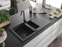 Mexen Matias Granitspüle 1,5-beckig mit Abtropffläche 900 x 505 mm, schwarz gesprenkelt, schwarzer Siphon - 6502901505-76-B