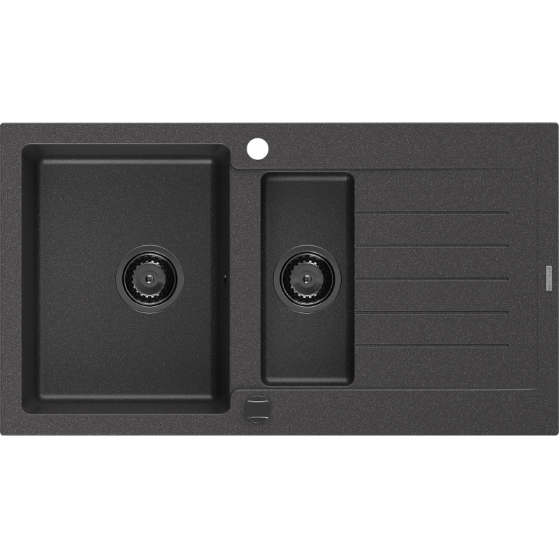 Mexen Matias fregadero de granito de 1,5 senos con escurridor 900 x 505 mm, negro moteado, sifón negro - 6502901505-76-B