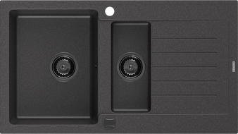 Mexen Matias granitizlietne 1,5 nodalījumu ar notekas vietu 900 x 505 mm, melna ar plankumiem, melns sifons - 6502901505-76-B