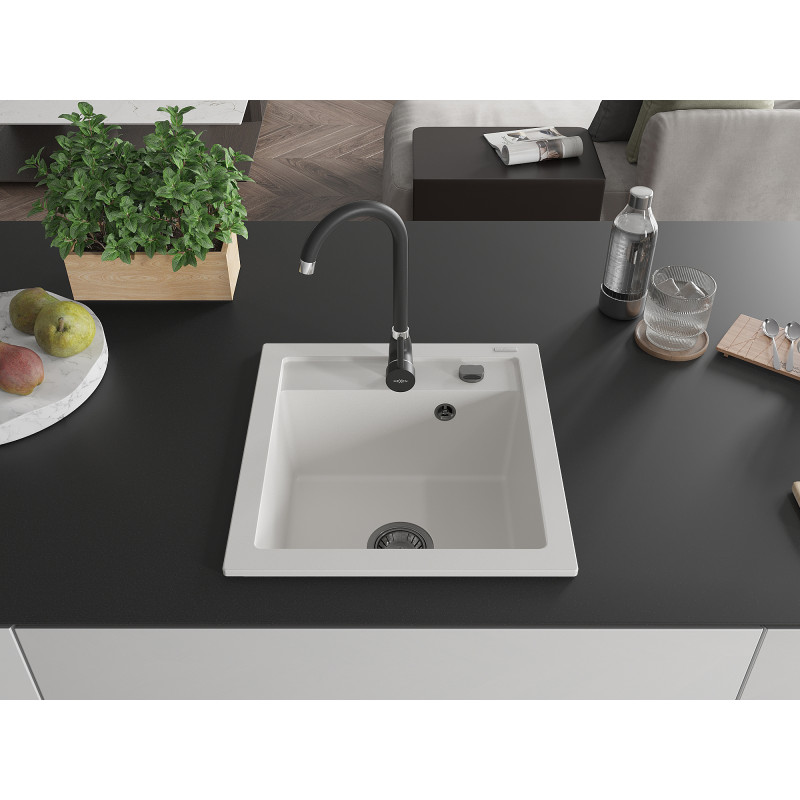 Mexen Vito évier en granit 1 bac 520 x 490 mm, blanc, siphon noir - 6503521000-20-B