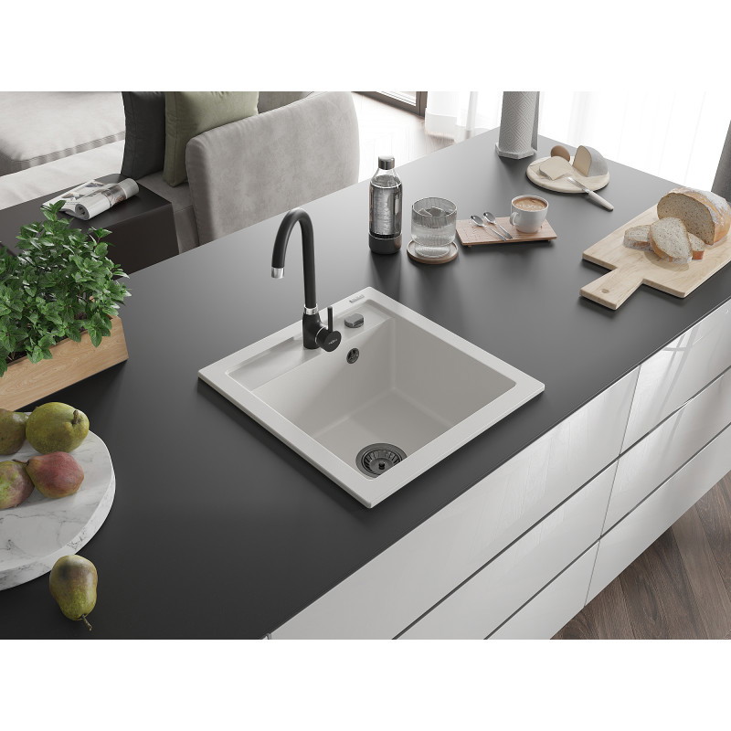 Mexen Vito zlewozmywak granitowy 1-komorowy 520 x 490 mm, biały, syfon czarny - 6503521000-20-B