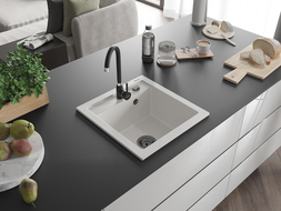 Mexen Vito évier en granit 1 cuve 520 x 490 mm, blanc, siphon noir - 6503521000-20-B