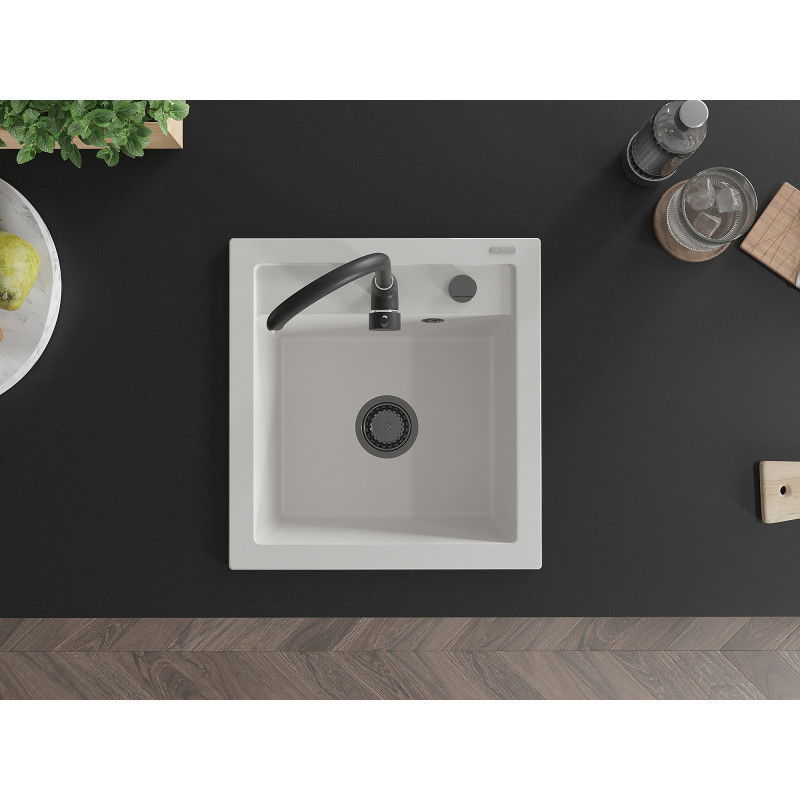 Mexen Vito fregadero de granito de 1 cubeta 520 x 490 mm, blanco, sifón negro - 6503521000-20-B