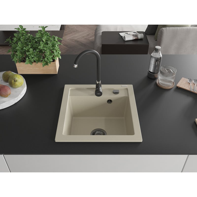 Mexen Vito granite sink 1-bowl 520 x 490 mm, beige, black siphon - 6503521000-69-B