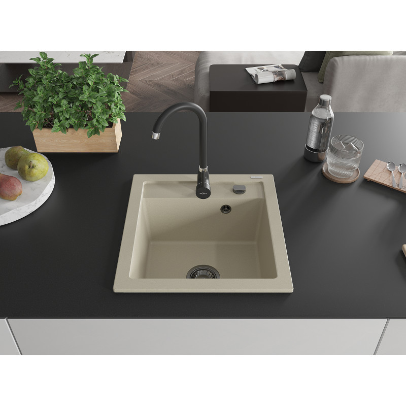 Mexen Vito granitische spoelbak 1-kompartment 520 x 490 mm, beige, zwarte sifon - 6503521000-69-B
