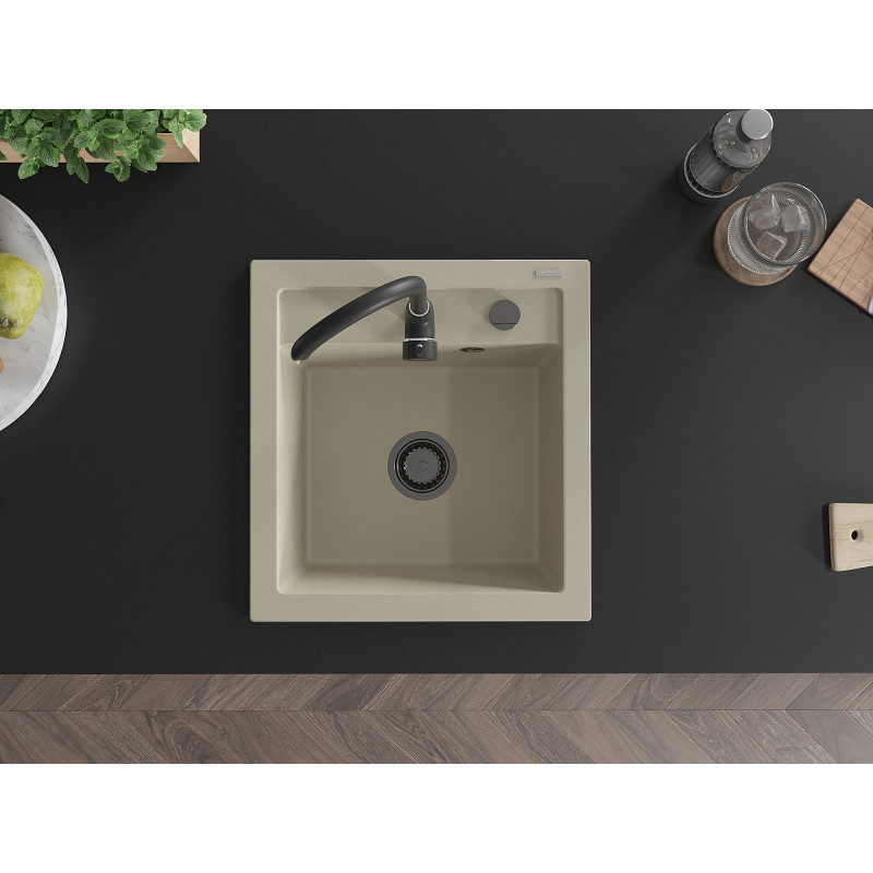 Mexen Vito fregadero de granito de 1 compartimiento 520 x 490 mm, beige, sifón negro - 6503521000-69-B