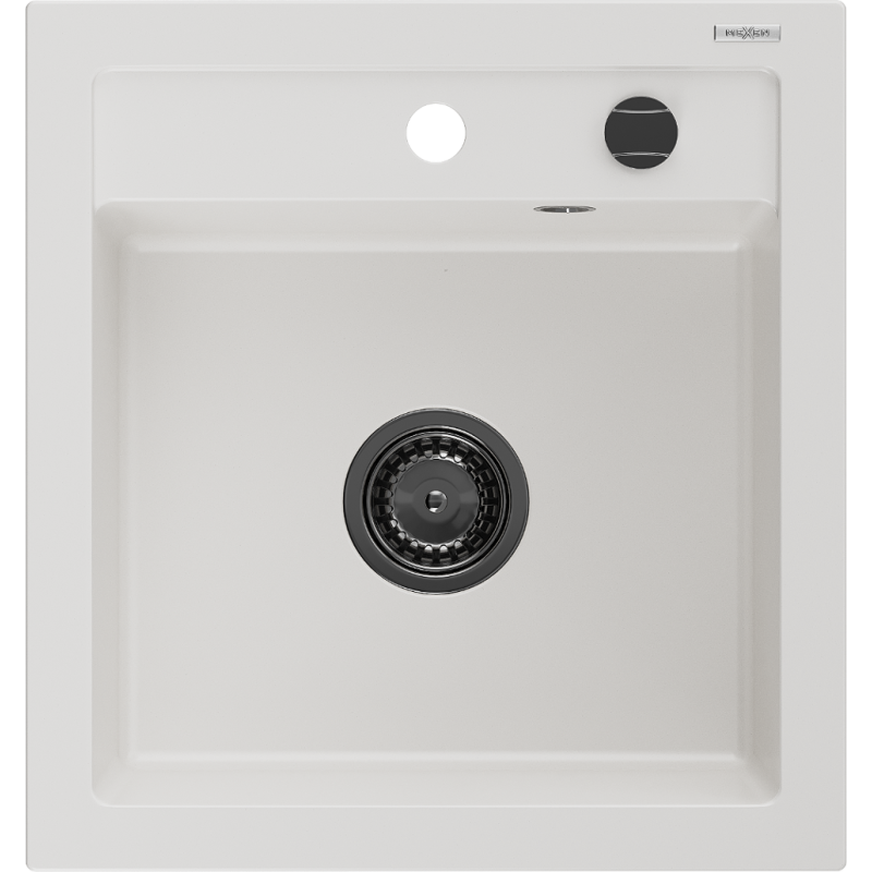 Mexen Vito granieten gootsteen 1-kamer 520 x 490 mm, wit, zwarte sifon - 6503521000-20-B